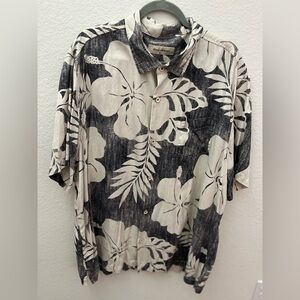 Tommy Bahama XXXL 100% Silk Hawaiian Shirt | Black Beige Floral Camp Button-Down